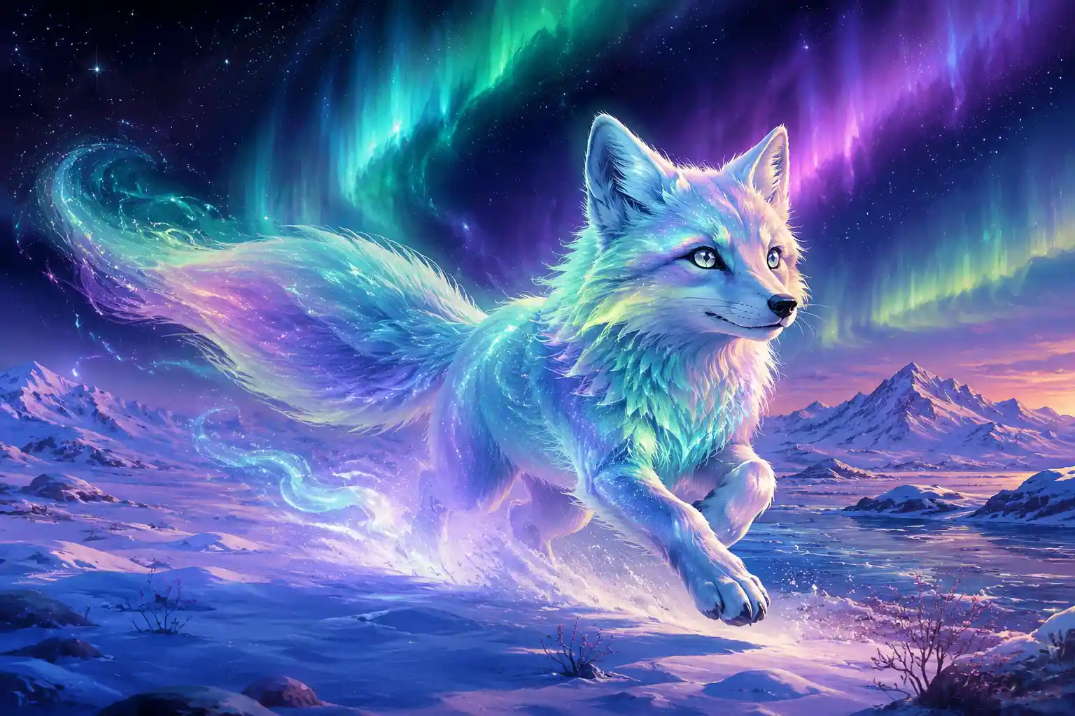 Aurora-Fuchs, der nachts über leuchtende Schneetundra rennt