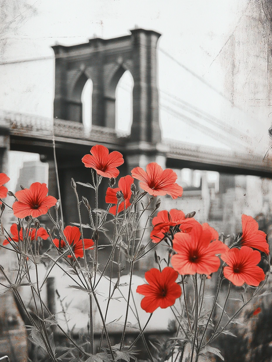 Colagem em estêncil da ponte do Brooklyn e desenho linear floral