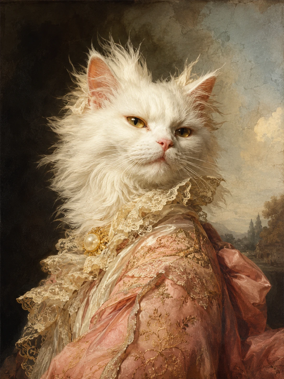 Retrato Barroco Onírico de um Gato Branco em Luz Suave