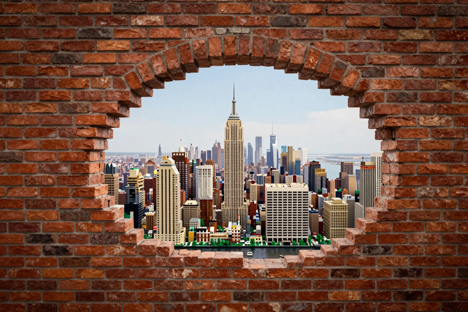 Cidade em miniatura estilo Lego vista através de parede de tijolos quebrada