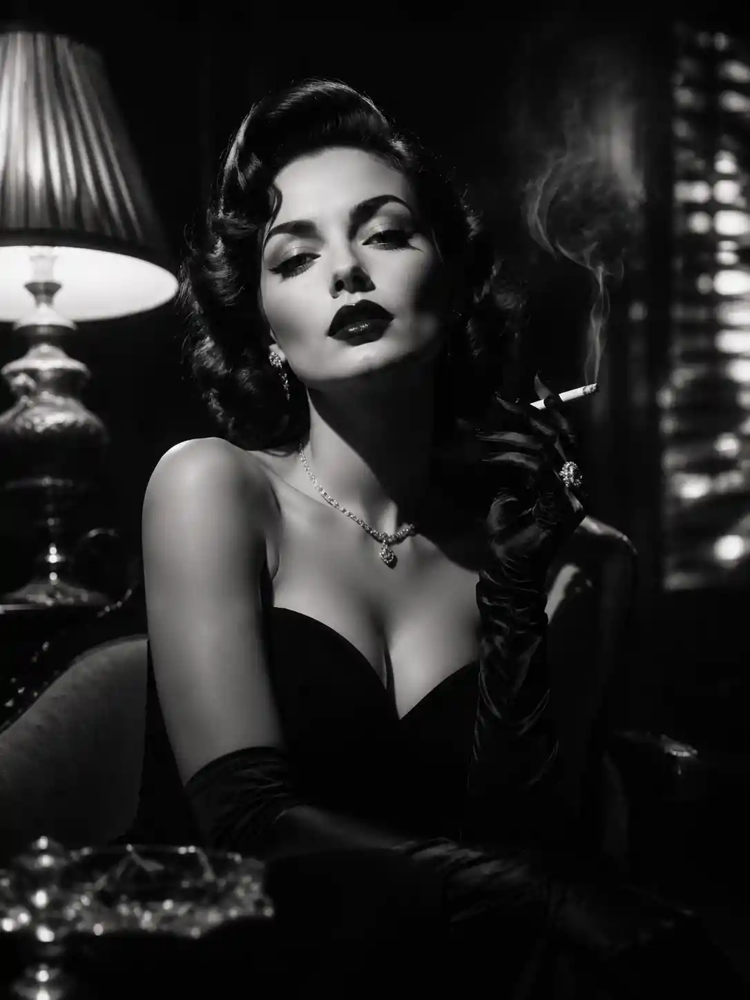 Mujer glamurosa fumando en un audaz retrato en blanco y negro