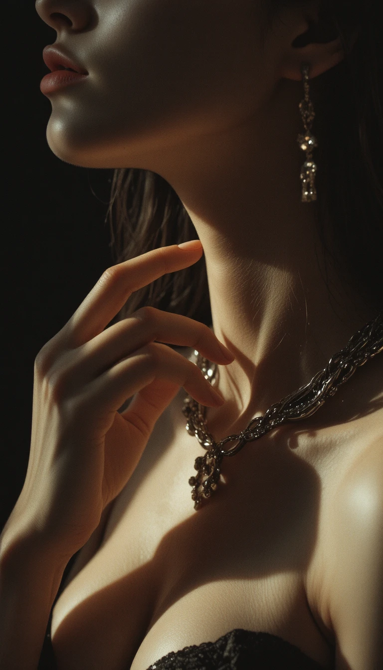 Gros plan sensuel de profil d’une femme avec collier superposé