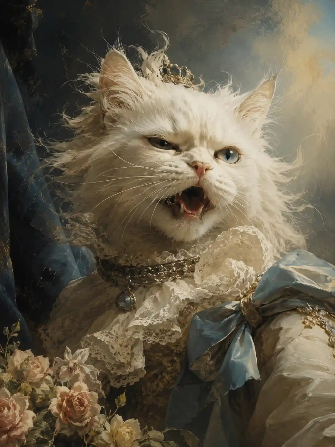 Regal white baroque cat portrait in soft pastel light