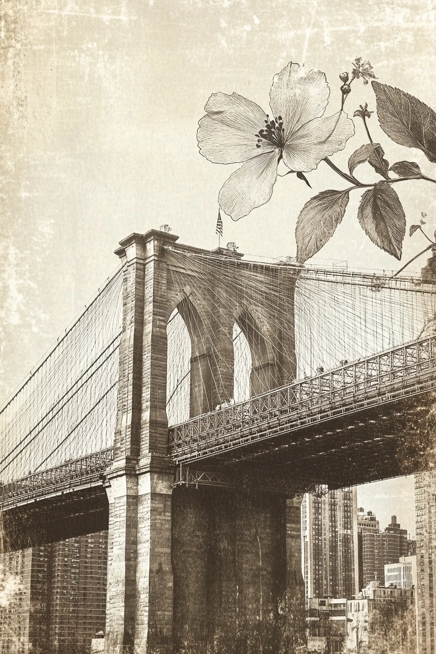 Collage ravvicinato del Ponte di Brooklyn con disegno floreale