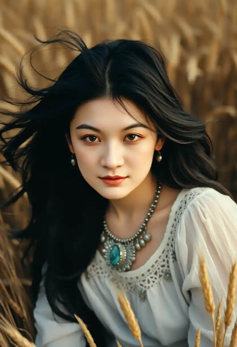 Girl lying in a golden wheat field with windswept hair