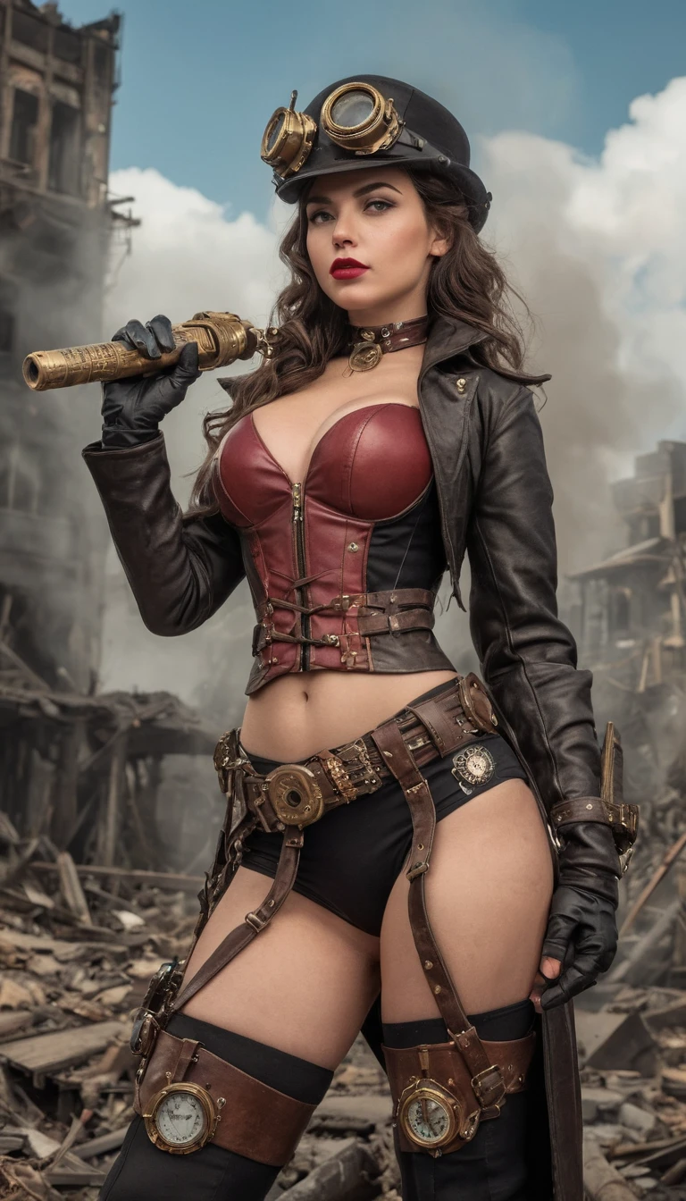 Guerriera steampunk in una città futuristica in fiamme