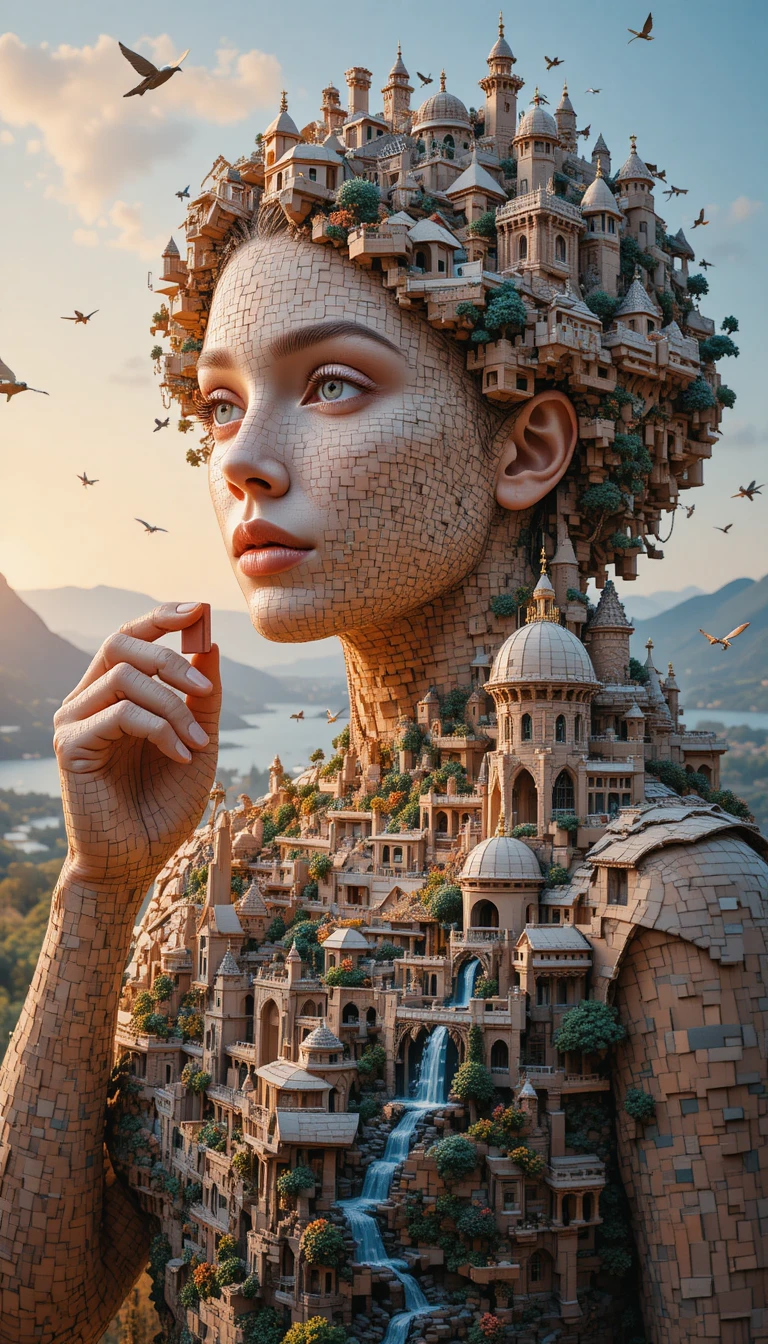 Escultura em tijolos retratando mulher com cabelo fantasia esvoaçante