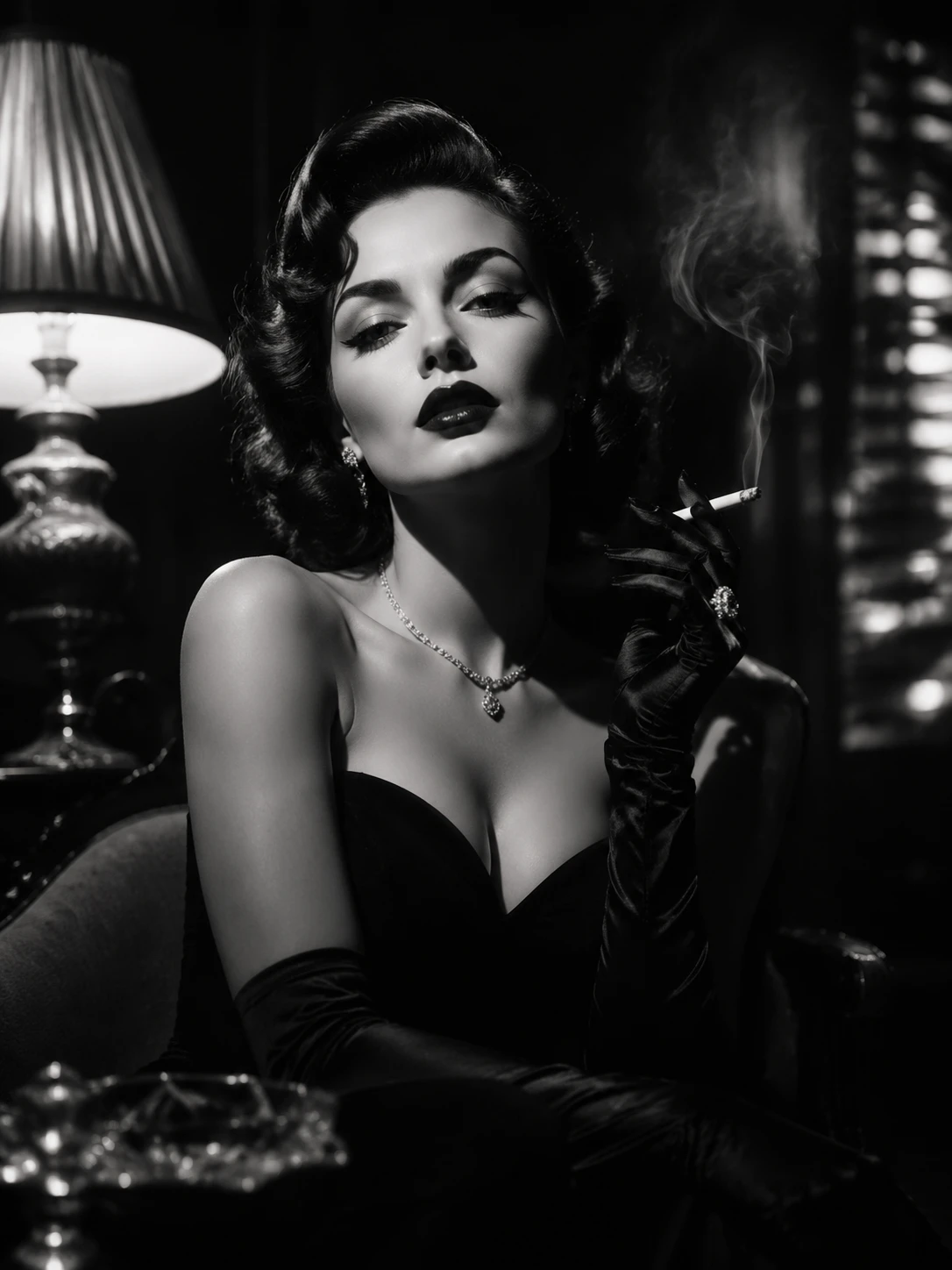 Mulher glamourosa fumando em retrato marcante em preto e branco