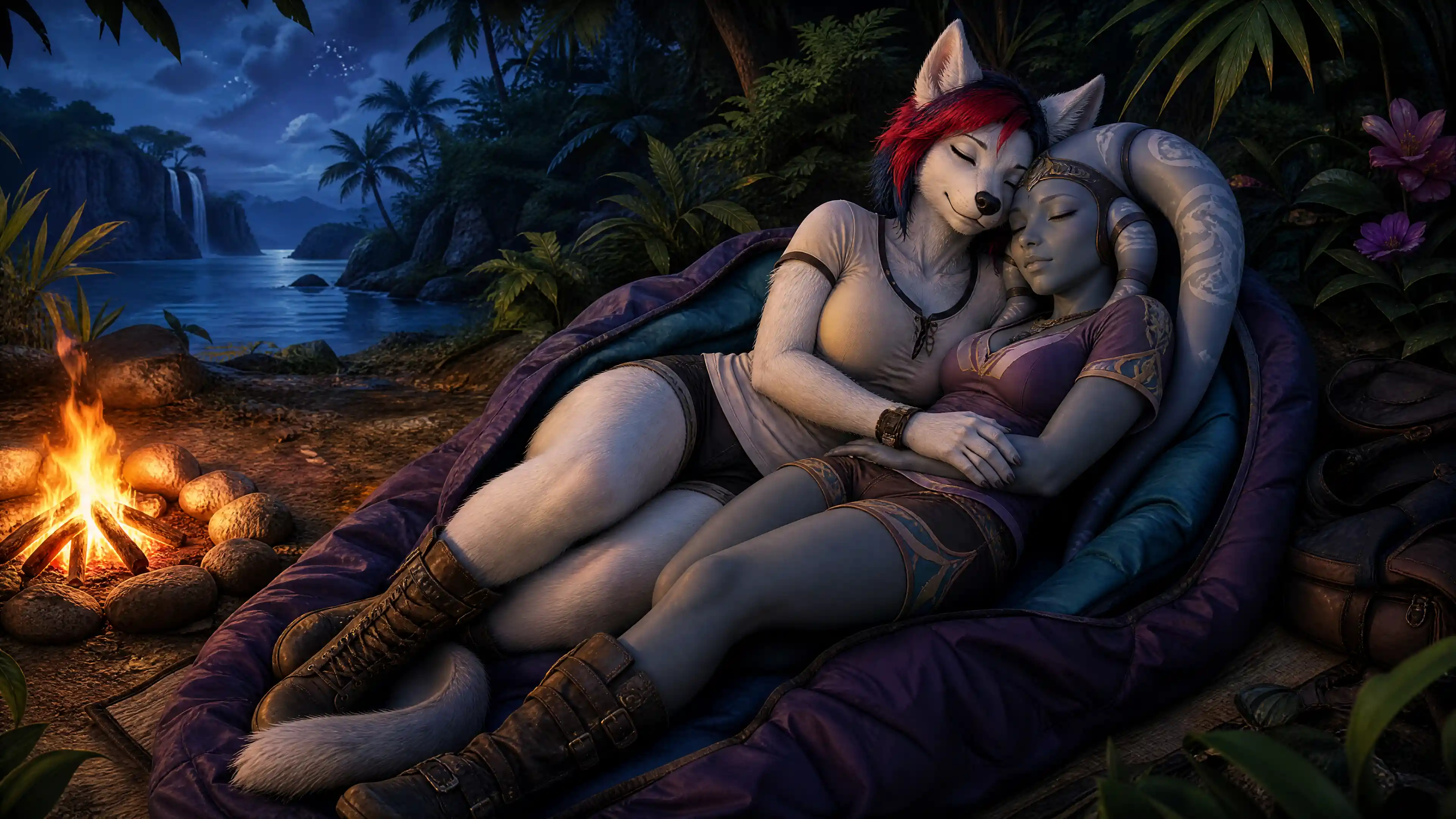 Donne fantasy che dormono insieme accanto a un falò
