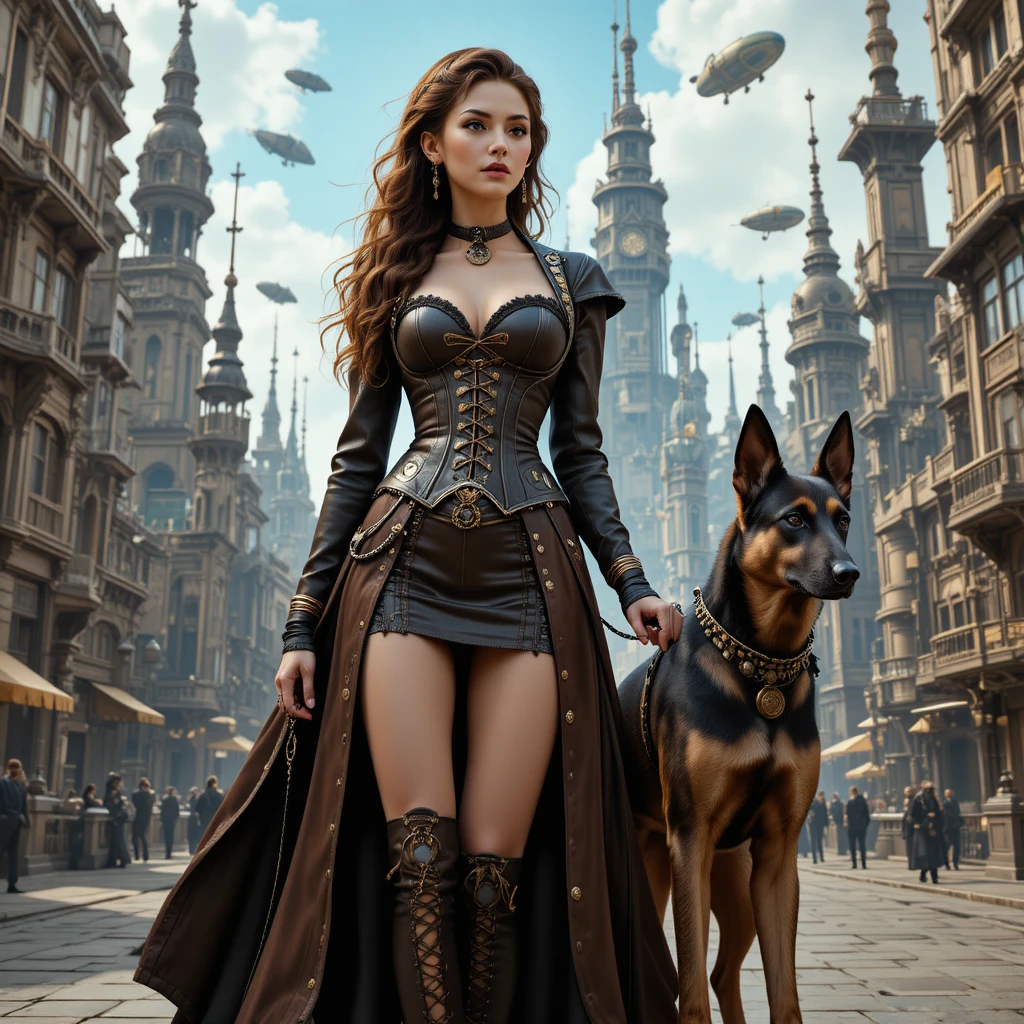 Elegant steampunk woman with german shepherd in grand city