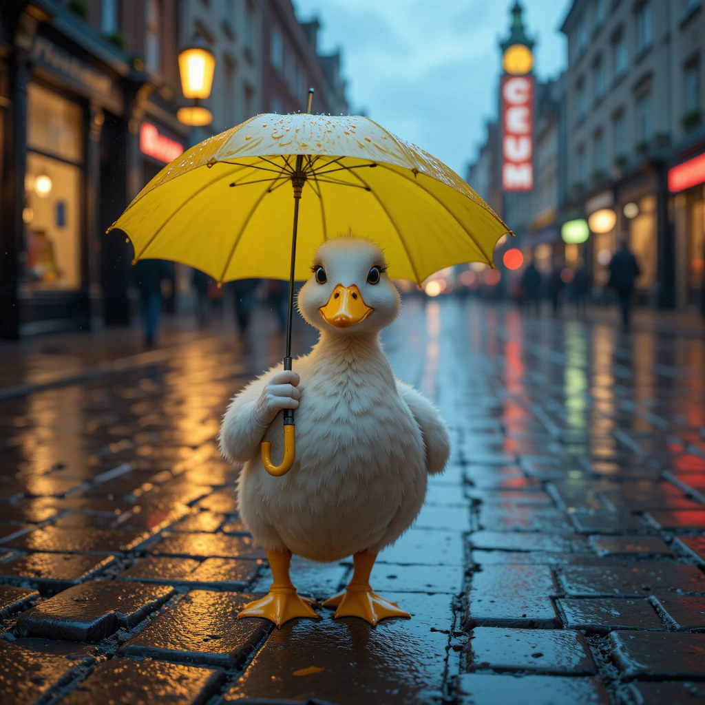 Pato com botas de chuva amarelas em rua molhada de Londres