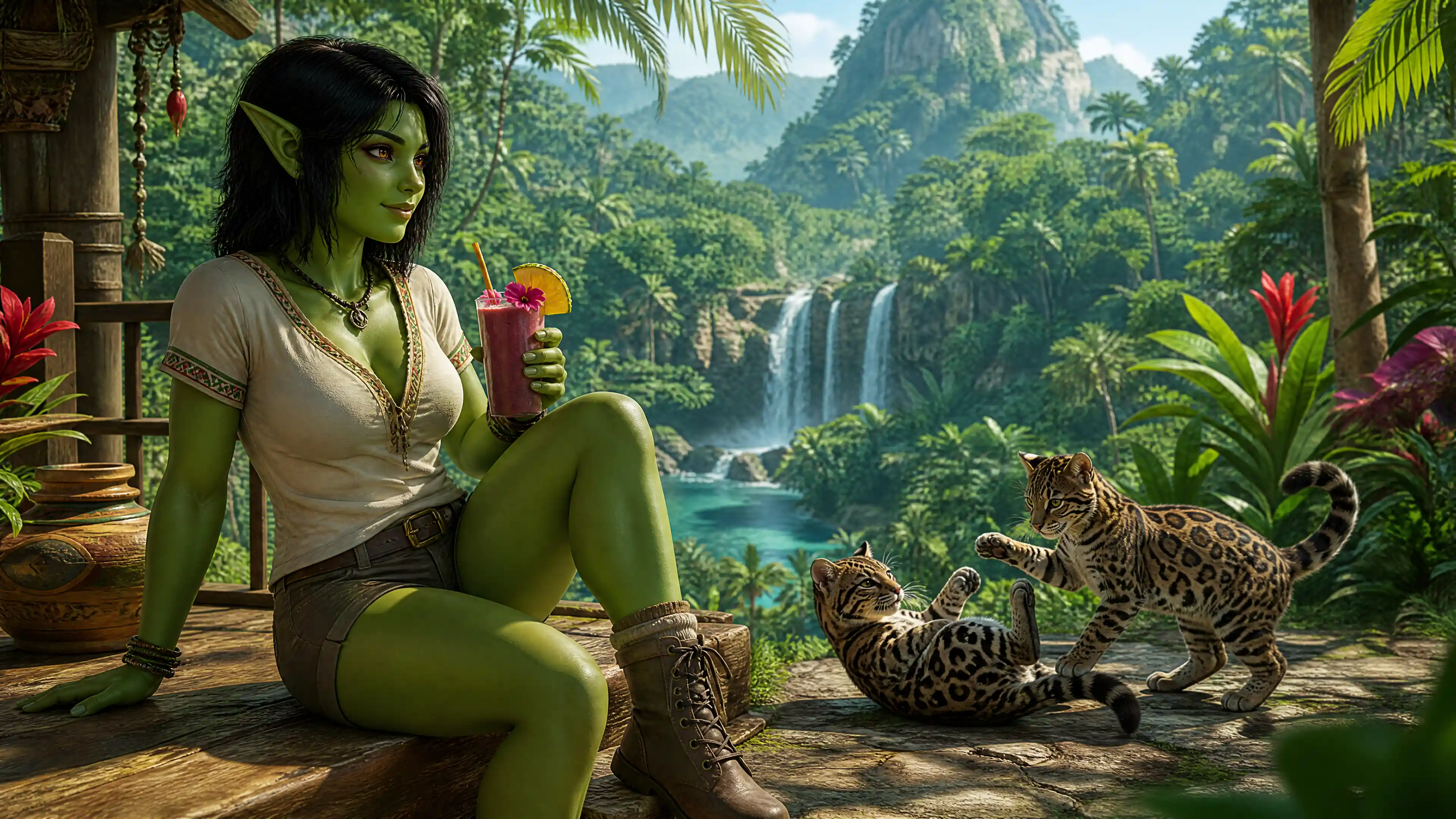 Green troll woman drinking smoothie in tropical jungle