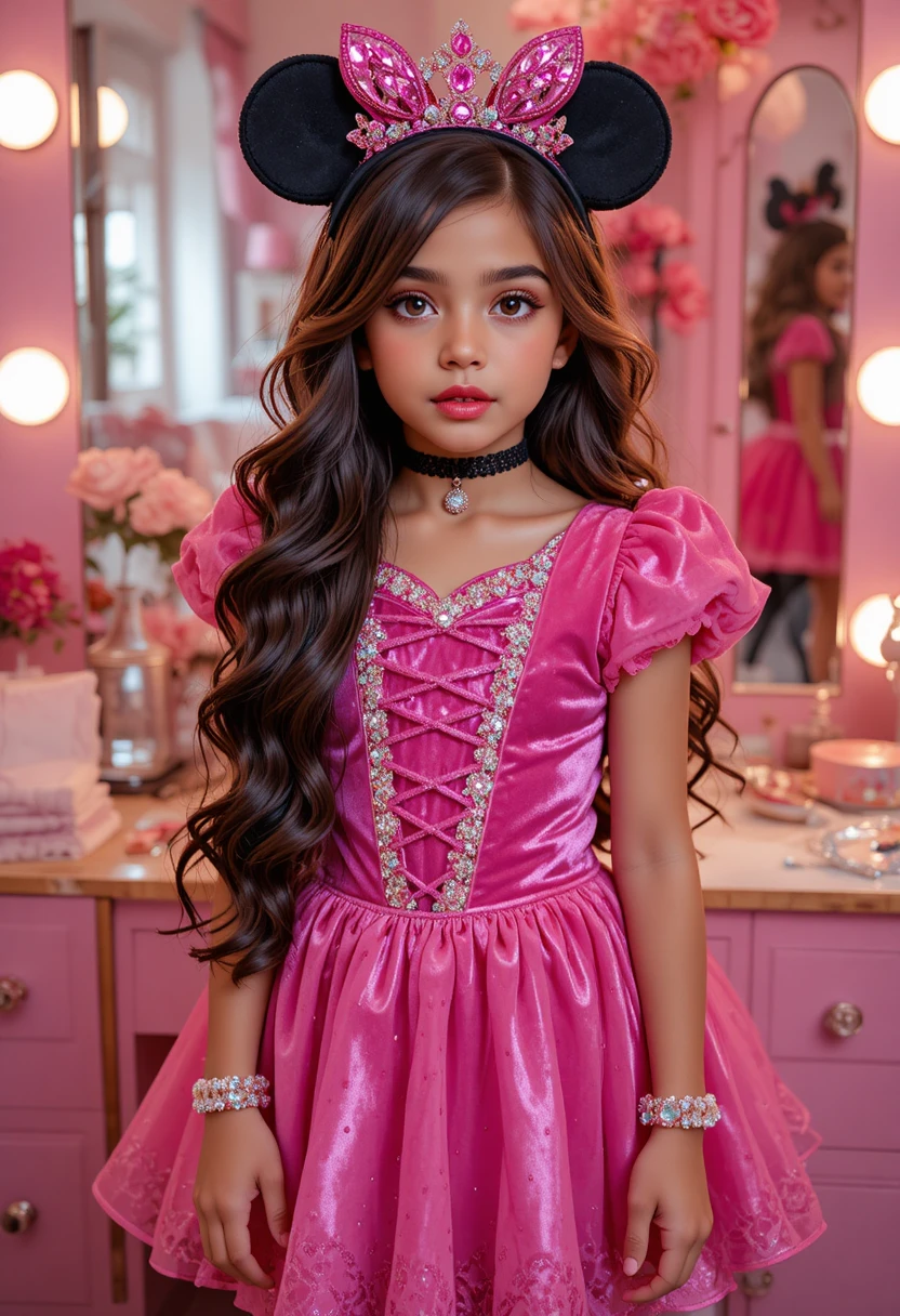 Menino pré-adolescente com fantasia de princesa posando na penteadeira do quarto