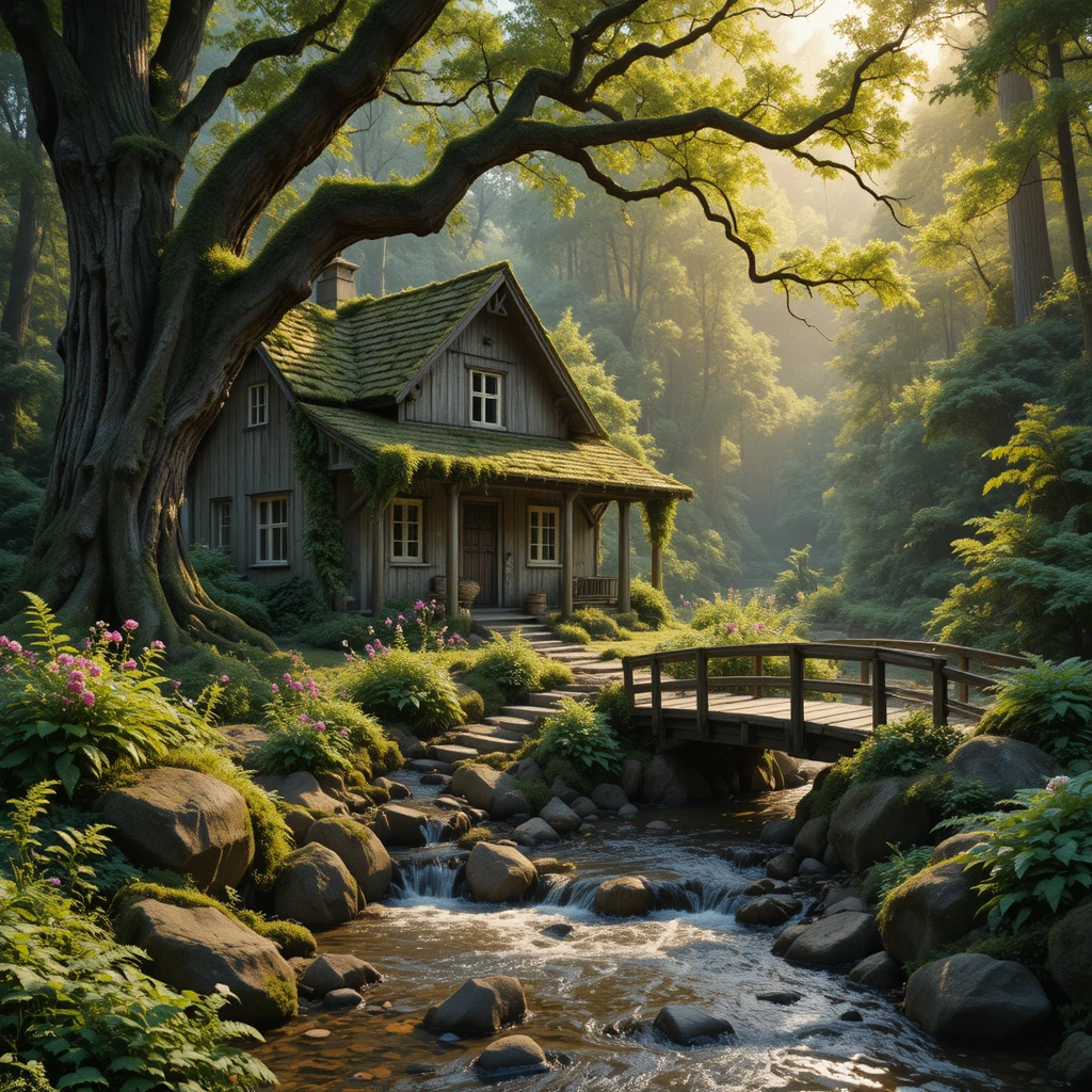 Rustic wooden cottage by a clear forest stream