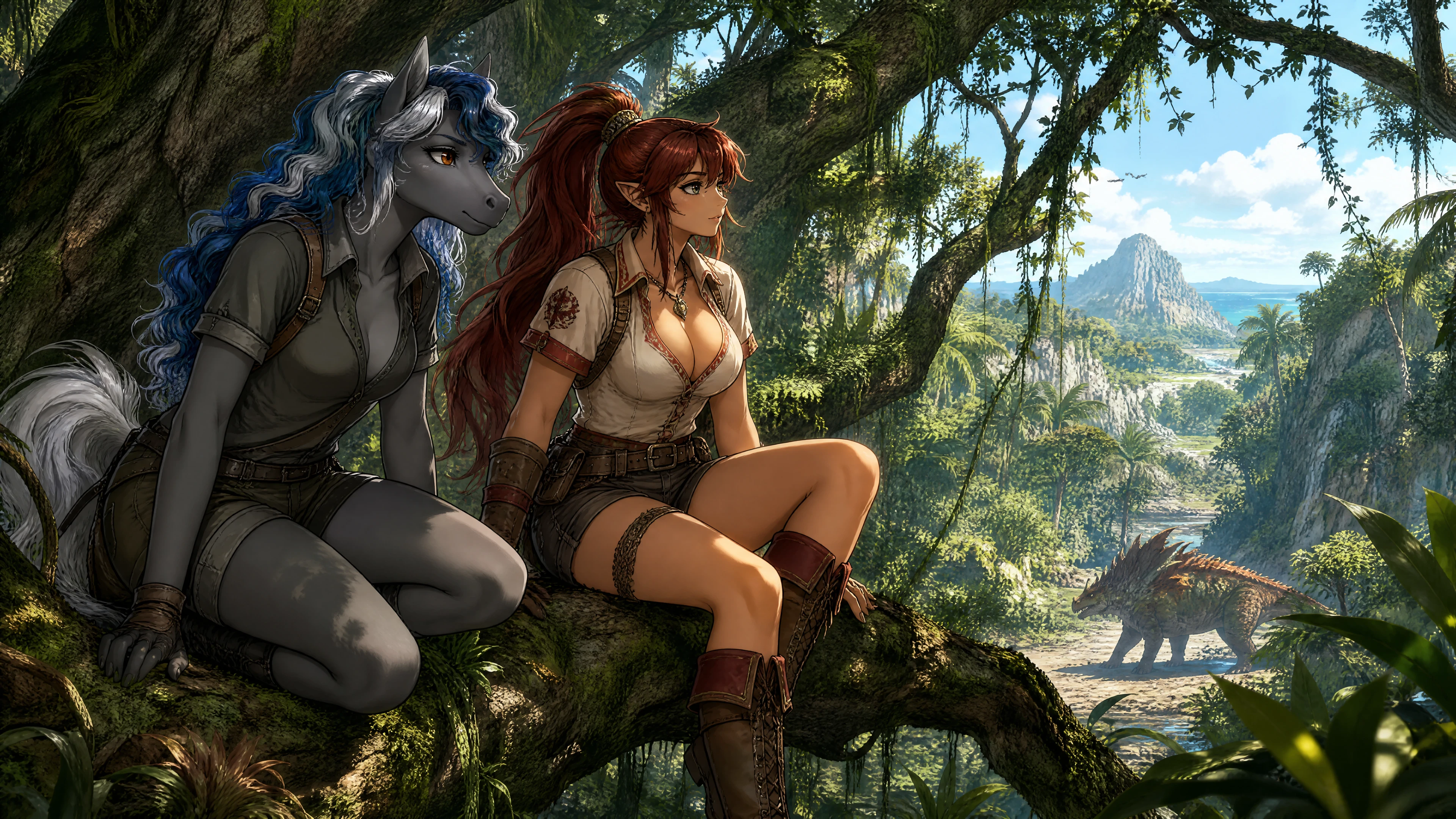 Fantasy huntresses watching prey in a tropical jungle