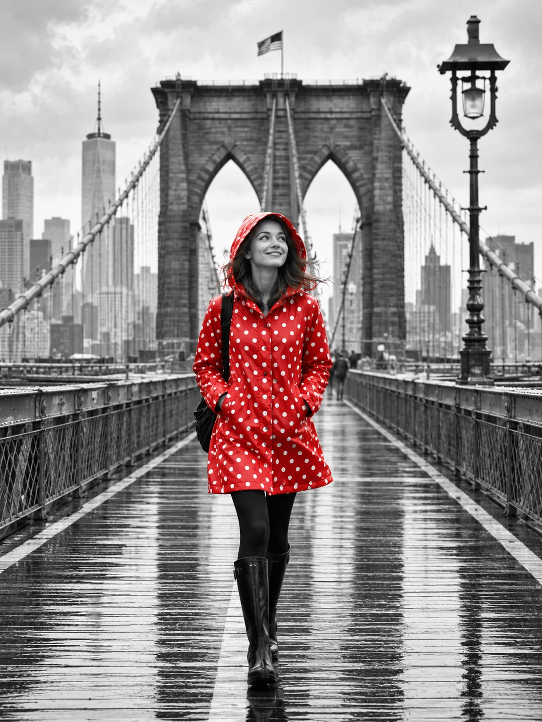 Fille en imperméable rouge traversant le pont de Brooklyn