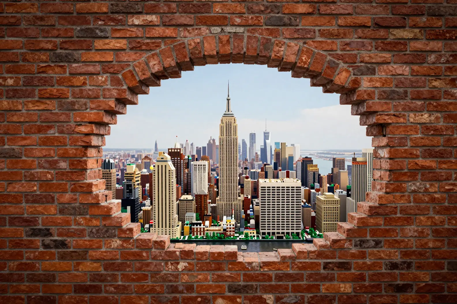 Lego-Stadt im Miniaturstil durch zerbrochene Ziegelwand gesehen