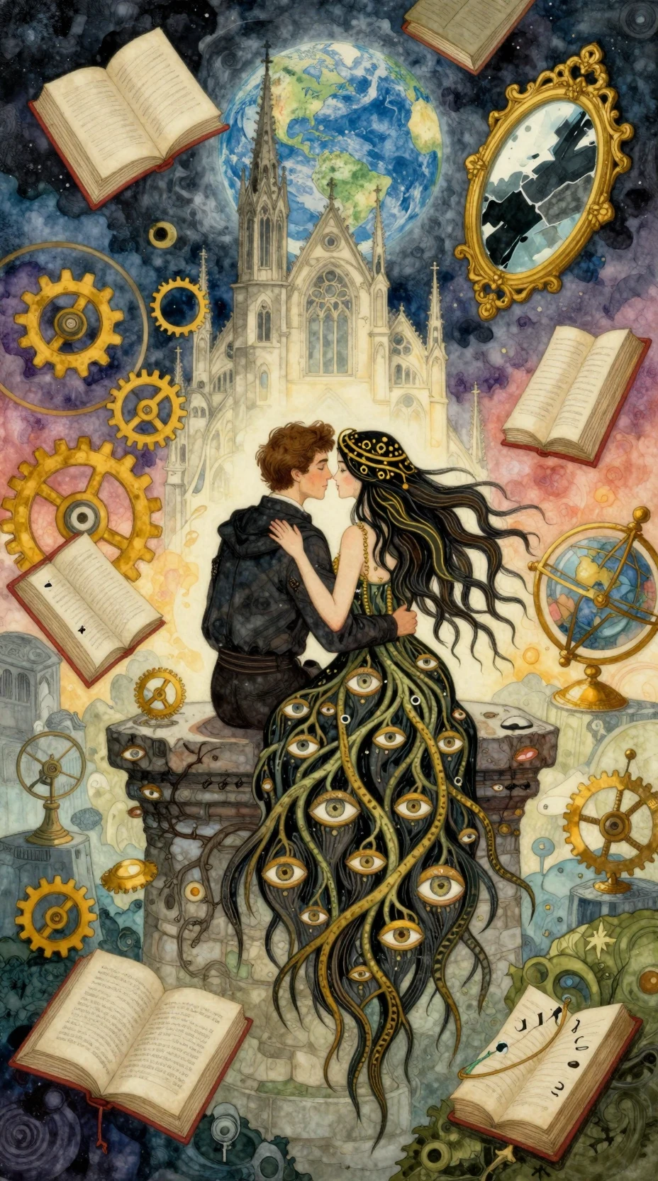 Embracing couple on stone platform above celestial dreamscape