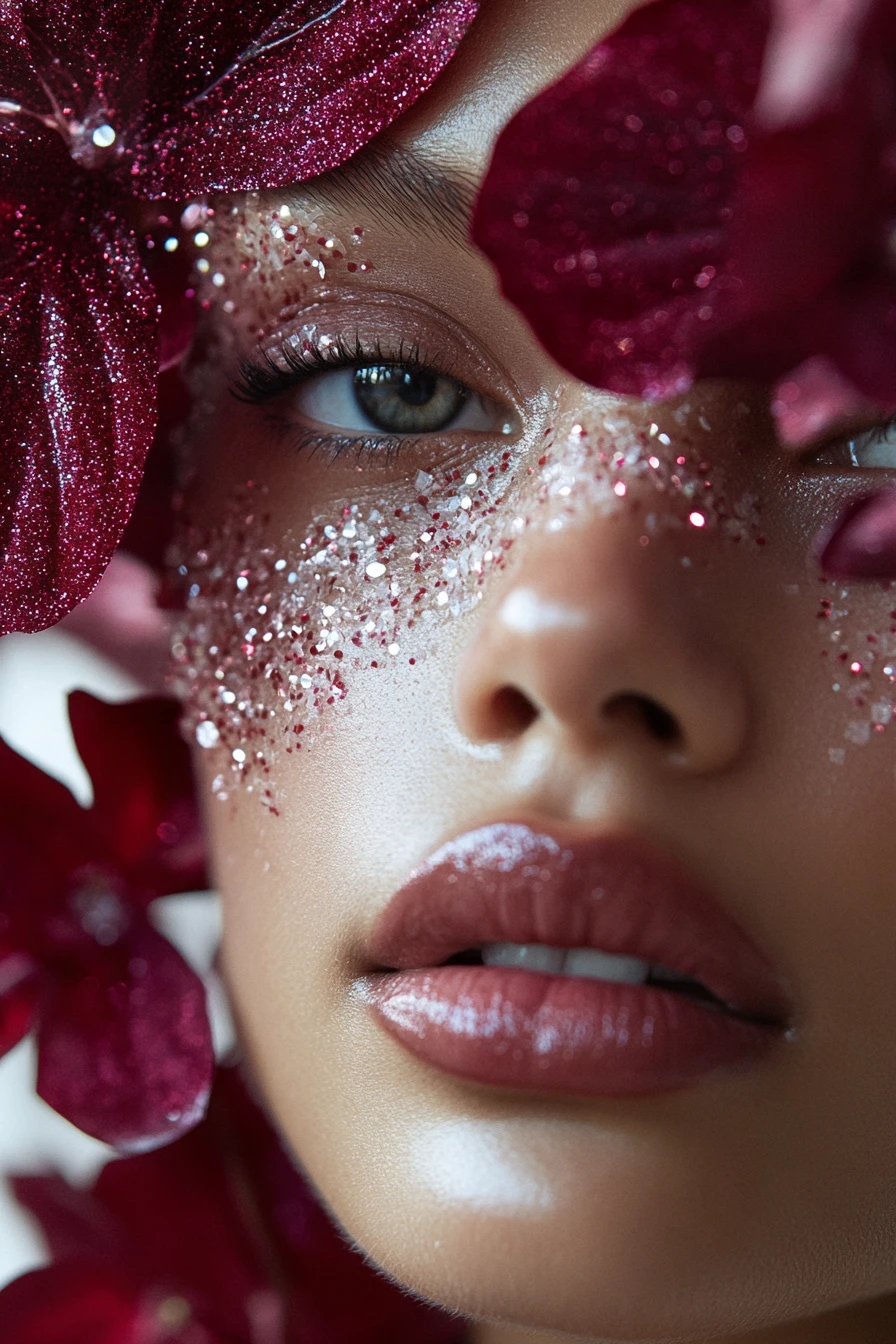 Retrato de beleza fashion em close-up com maquiagem inspirada em flores