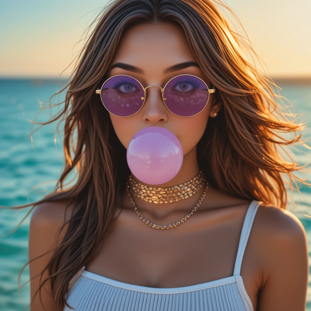 Ragazza stilosa che fa una bolla di chewing gum viola in riva al mare
