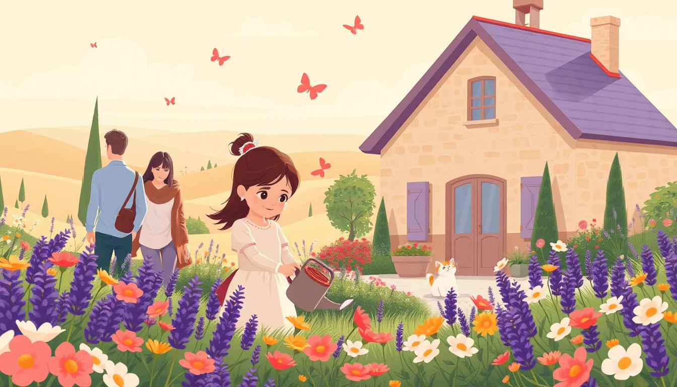 Menina regando flores com gatinho brincalhão em jardim suave
