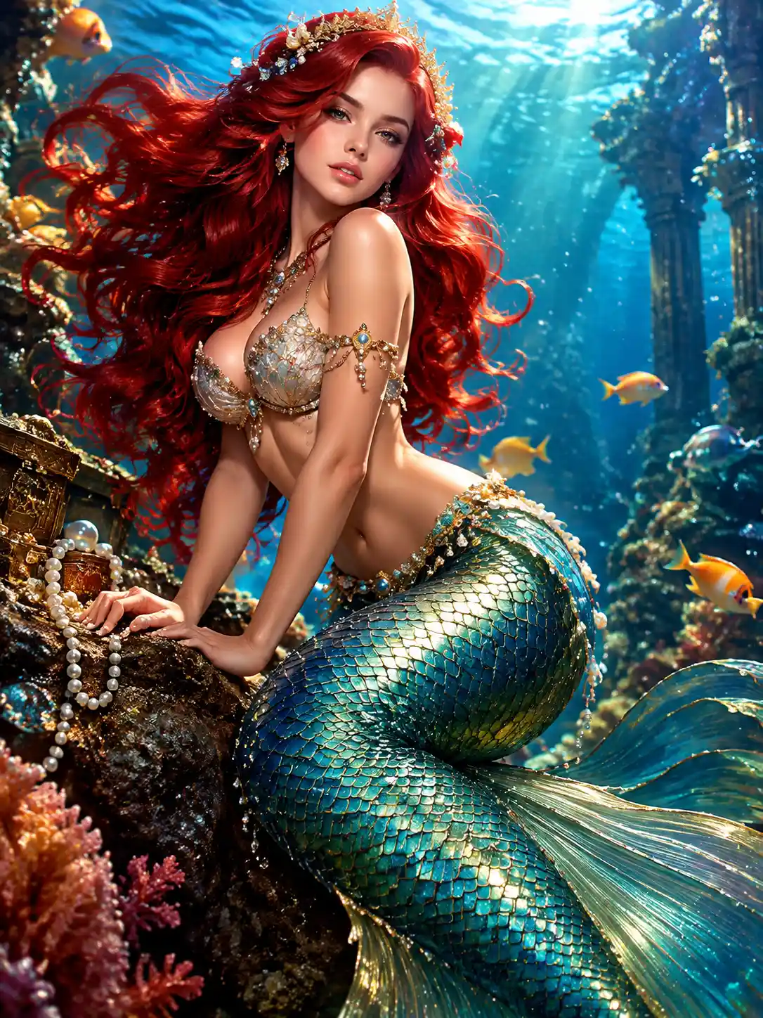 Sassy red haired mermaid in a glamorous underwater scene