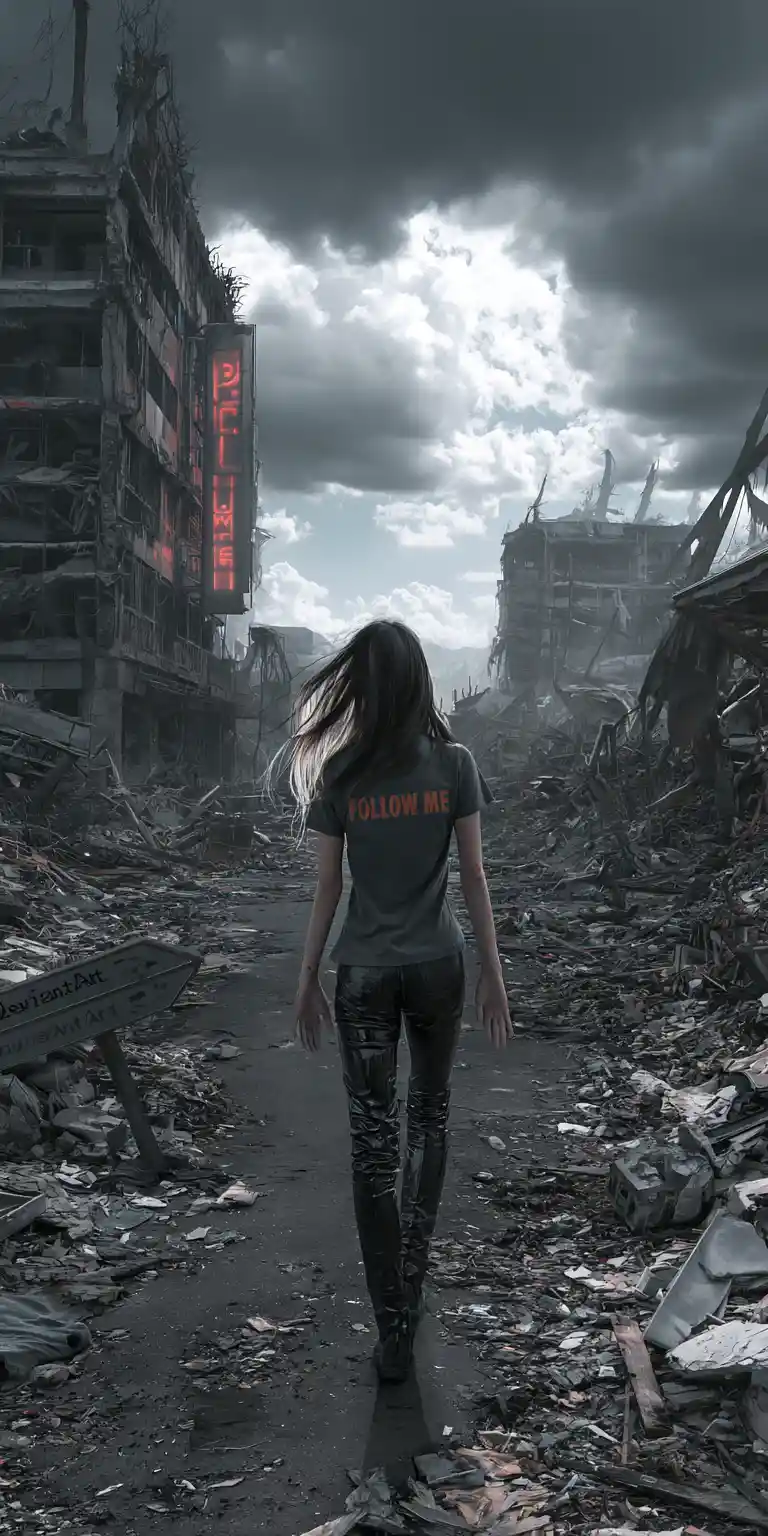 Woman walking away through a ruined dystopian city street