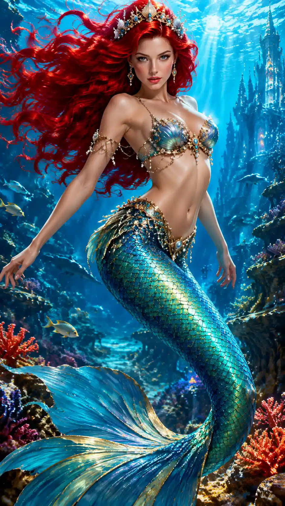 Dramatic red haired mermaid in an underwater fantasy scene