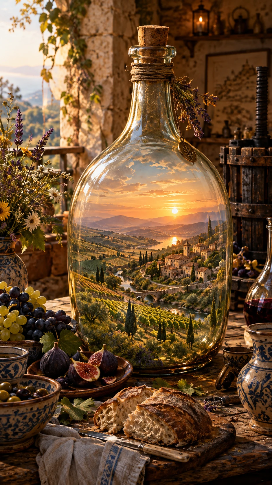 Antique glass bottle holding a tiny Mediterranean landscape