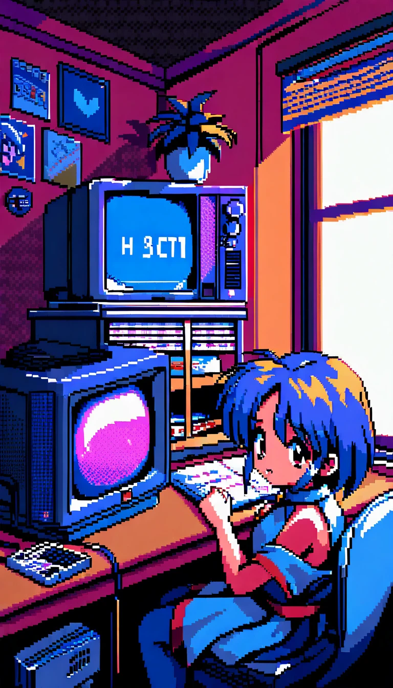 Chica de anime sentada junto a PC vintage en escena de pixel art