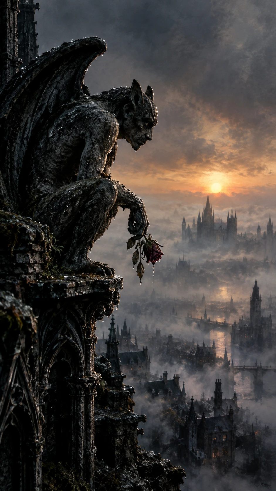 Gargoyle auf gotischer Spitze über nebelverhangener Stadt im Morgengrauen