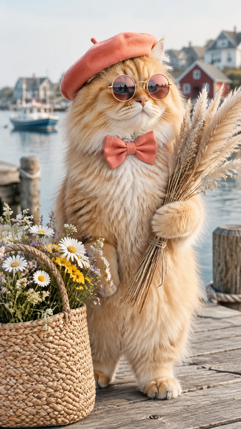 Stilvolle goldene Katze auf einem Holzsteg in einem Küstendorf