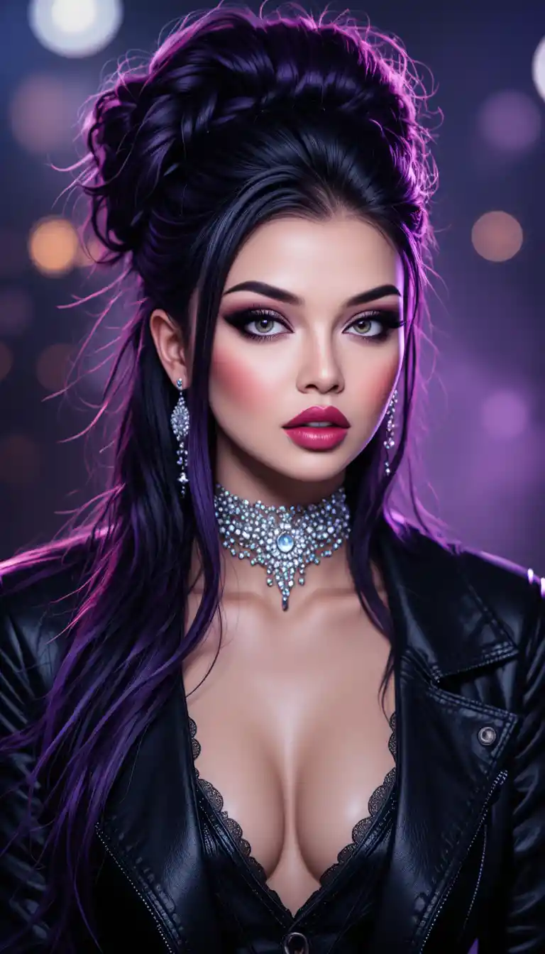 Glamouröse Frau mit violetten Haaren im dunklen Studio-Porträt