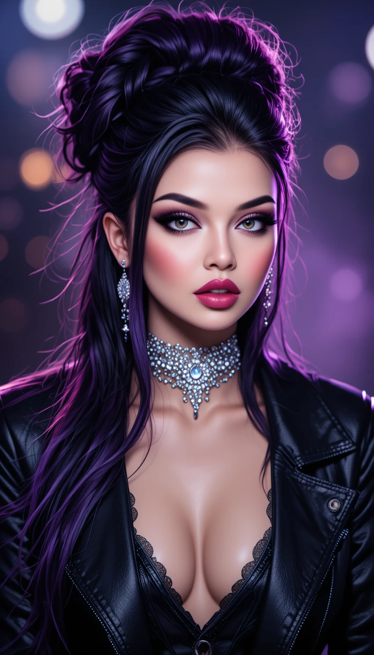 Femme glamour aux cheveux violets en portrait de studio sombre