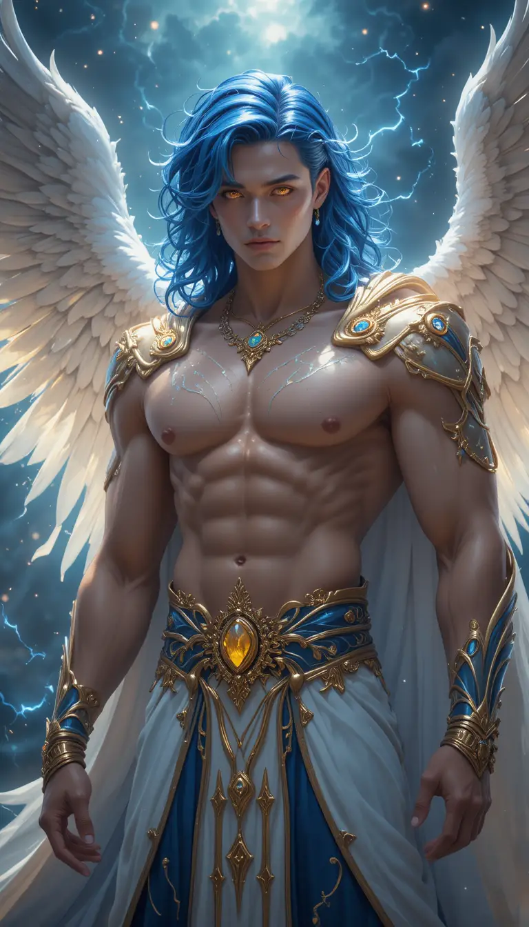 Thunder phoenix demigod with electric wings and tattoos