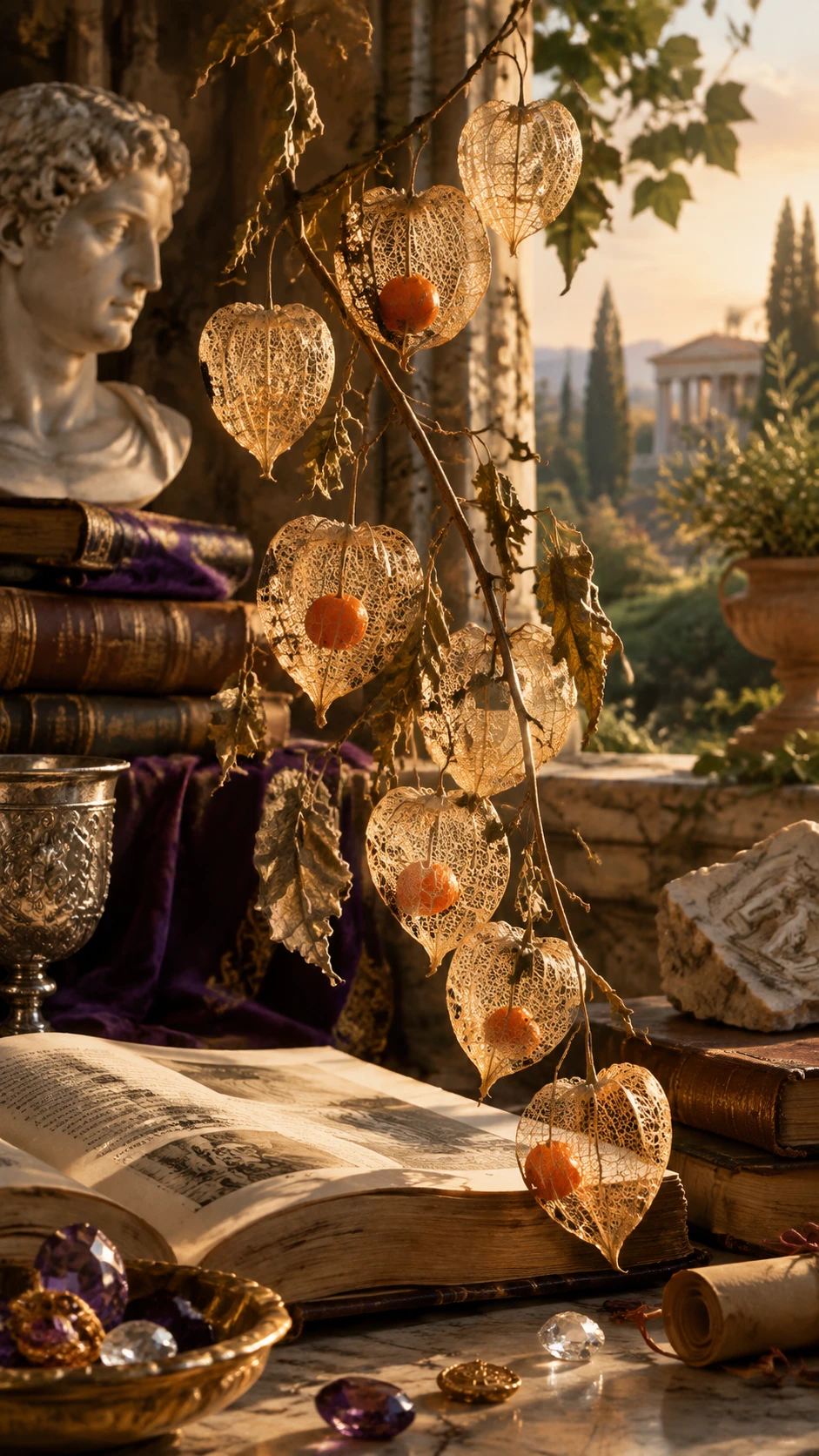 Backlit dried lantern flowers among books and marble