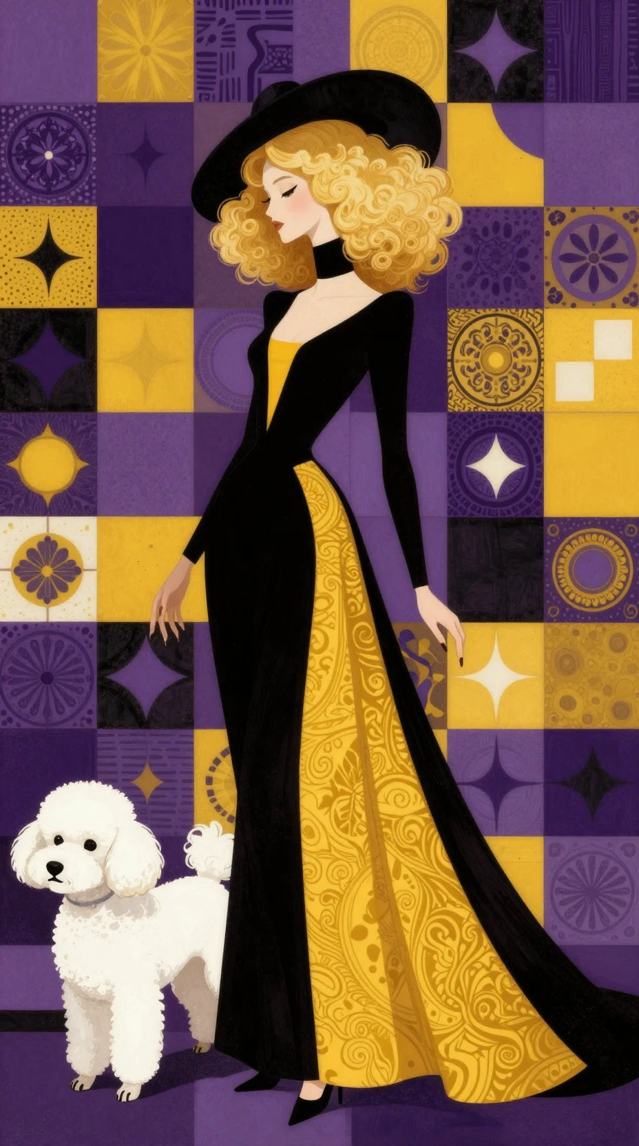Mulher elegante com poodle em fundo geométrico ousado