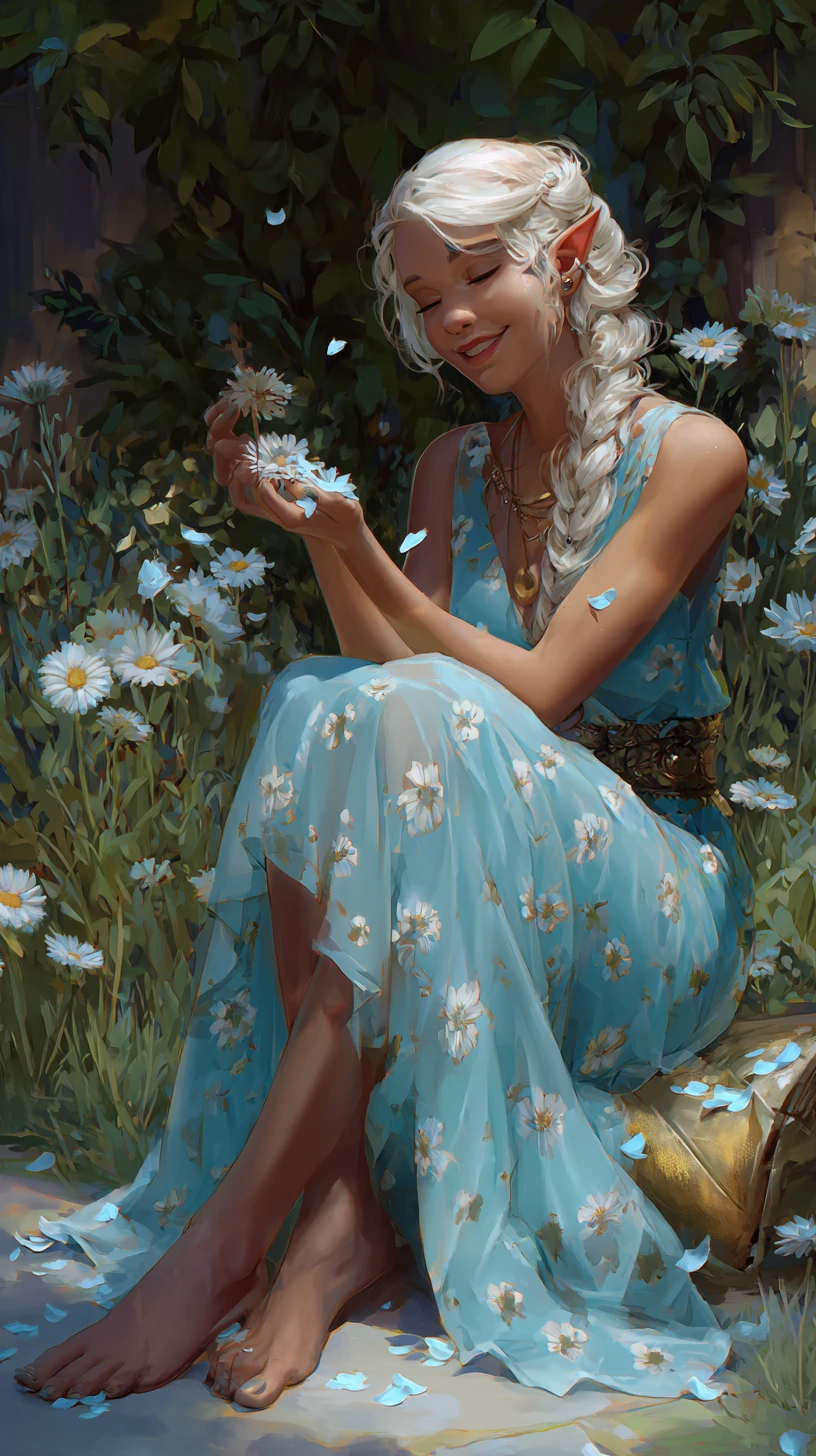 Tiefling-Frau in blauem Blumenkleid, die in einem Garten sitzt