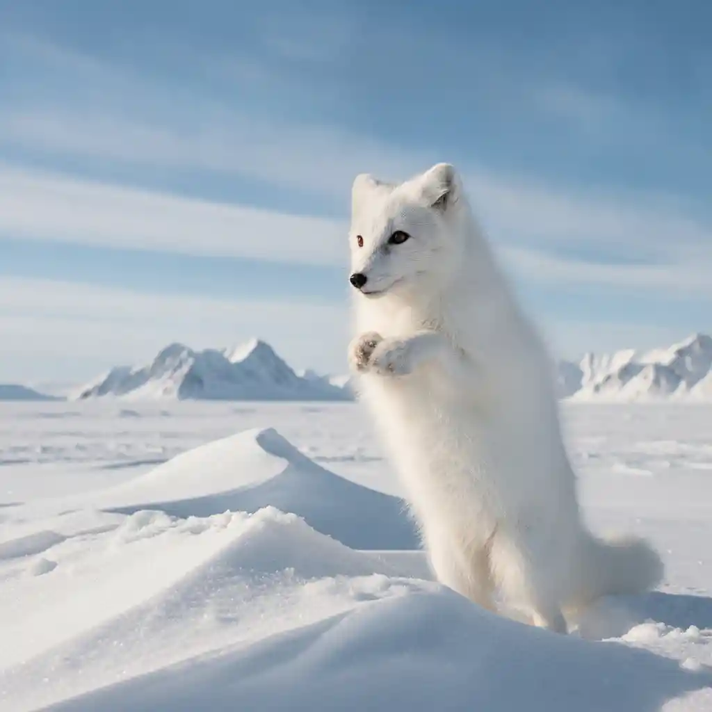 Renard arctique curieux dans un paysage de montagne enneigé