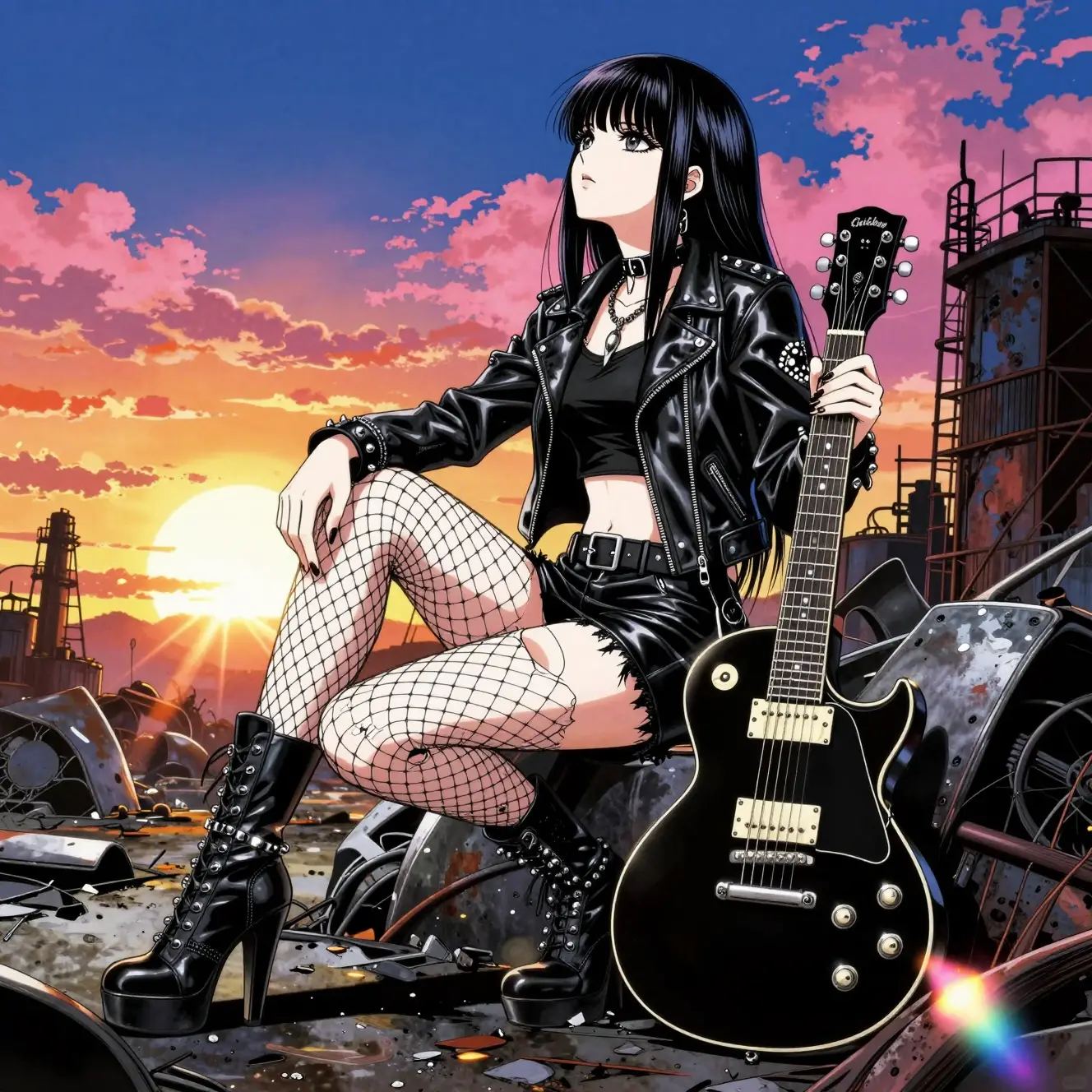Gothic-Anime-Frau mit Gitarre in einer zerstörten Sonnenuntergangsöde