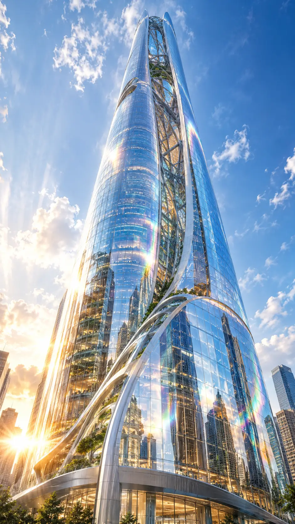Arranha‑céu futurista de vidro em perspectiva dramática para cima