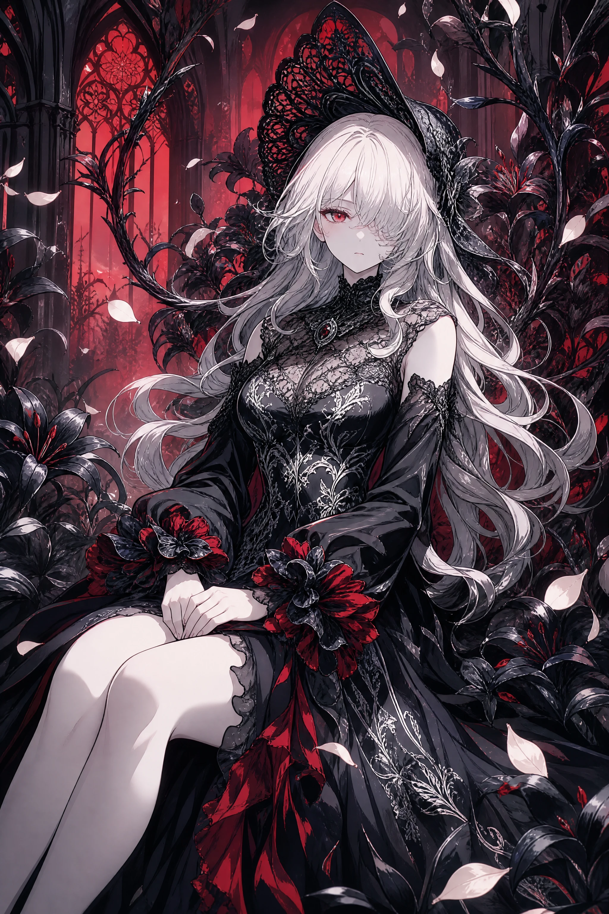 黒百合の玉座に座るゴシックアニメ女性
