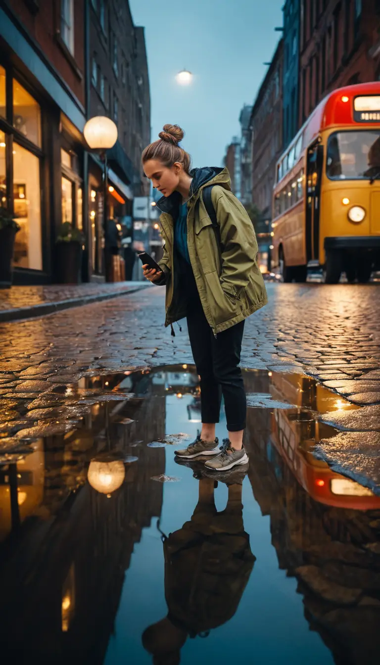 Woman photographing neon reflections on wet city street