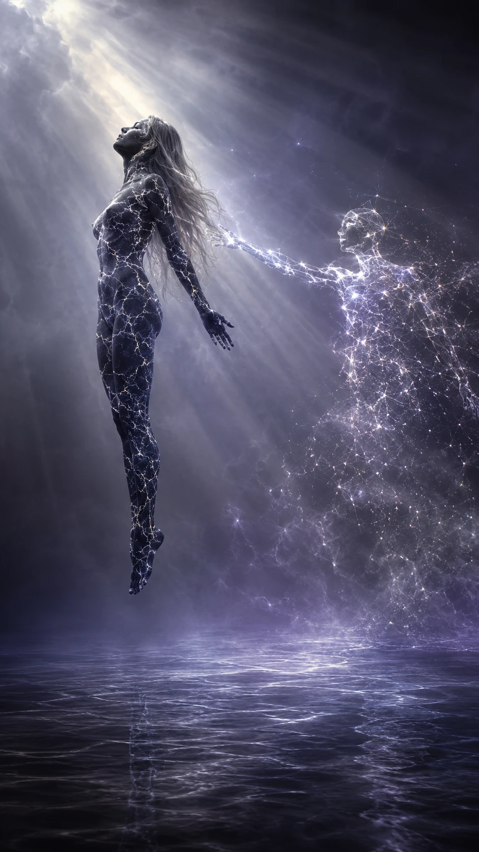 Mulher surreal e figura etérea em luz enevoada