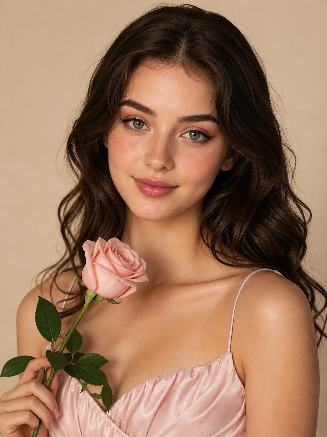 Young woman in pink dress holding a single rose