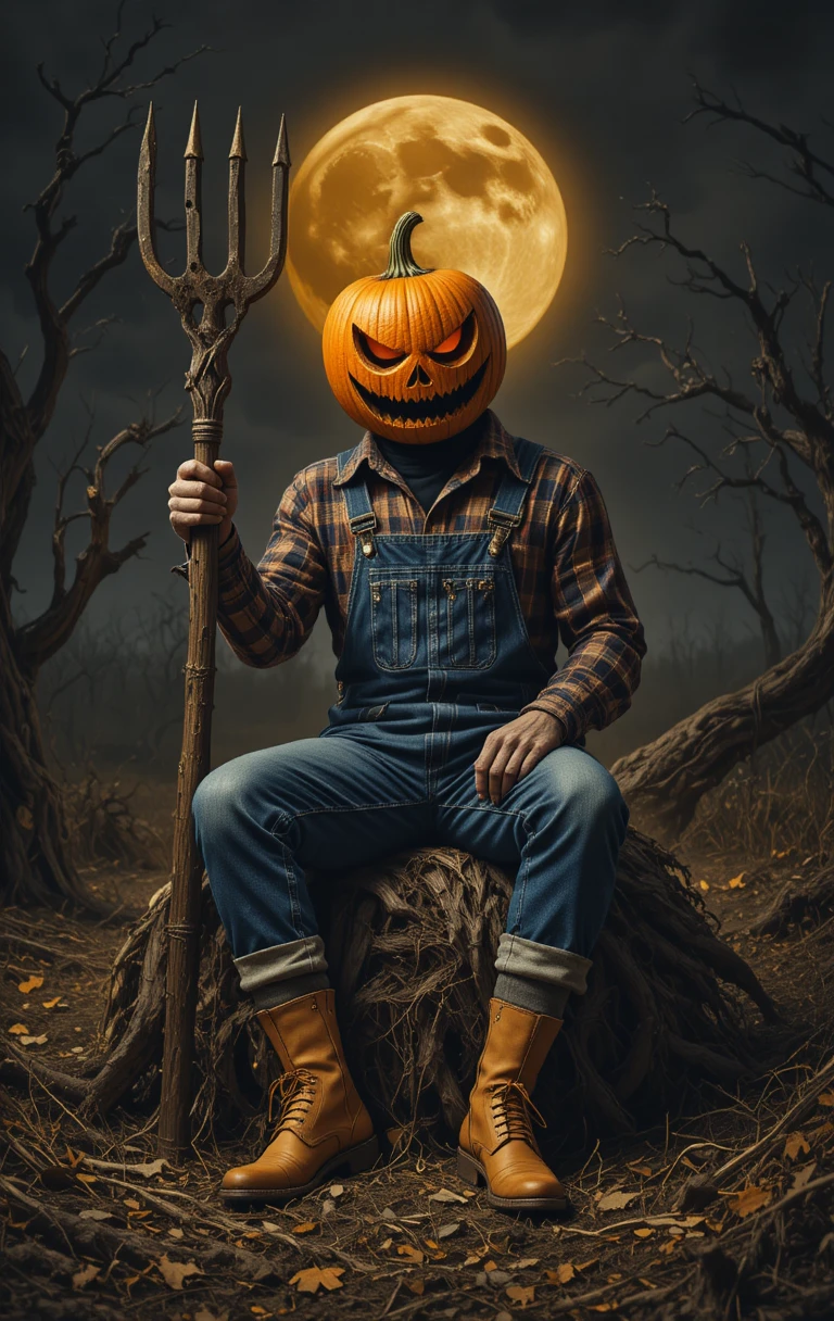 Silhouette à tête de citrouille sur un cadavre sous la lune inquiétante de la ferme