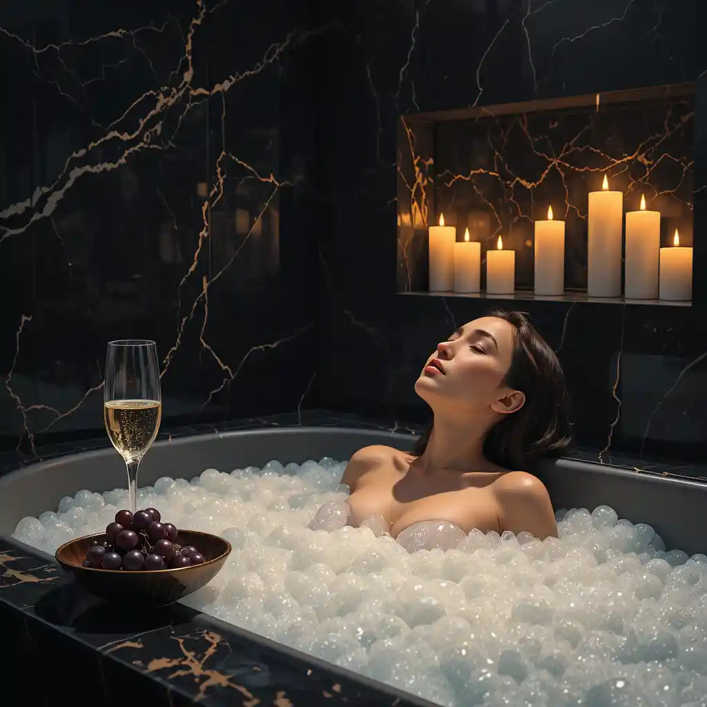 Woman in candlelit bath with wine and grapes