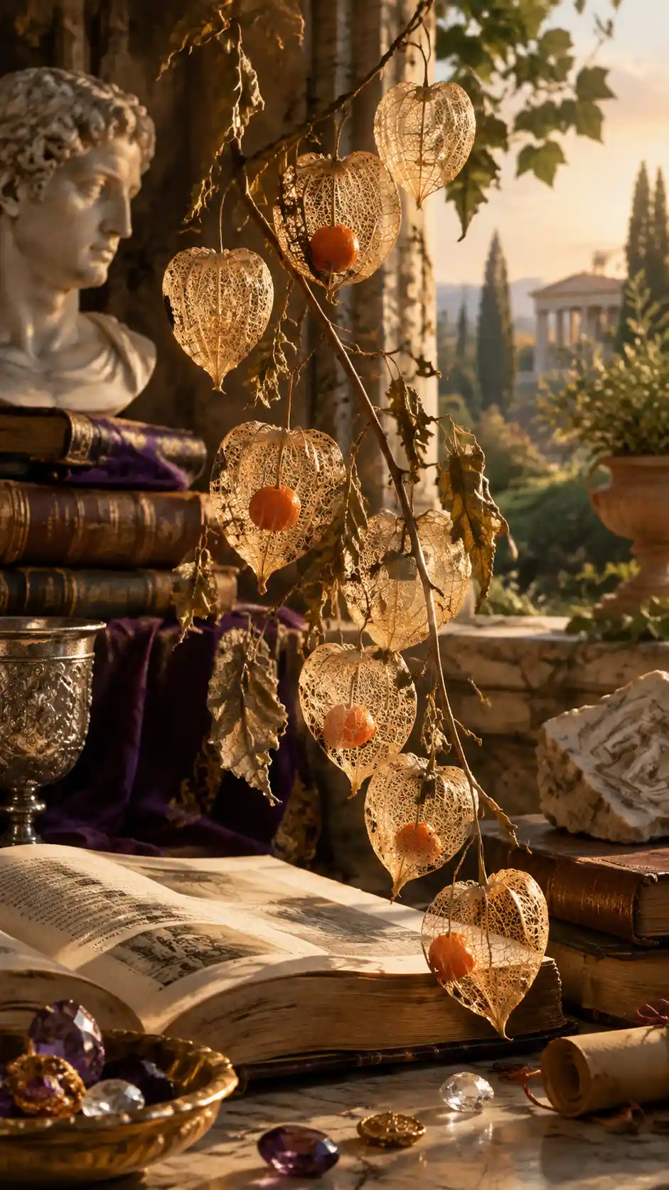 Backlit dried lantern flowers among books and marble