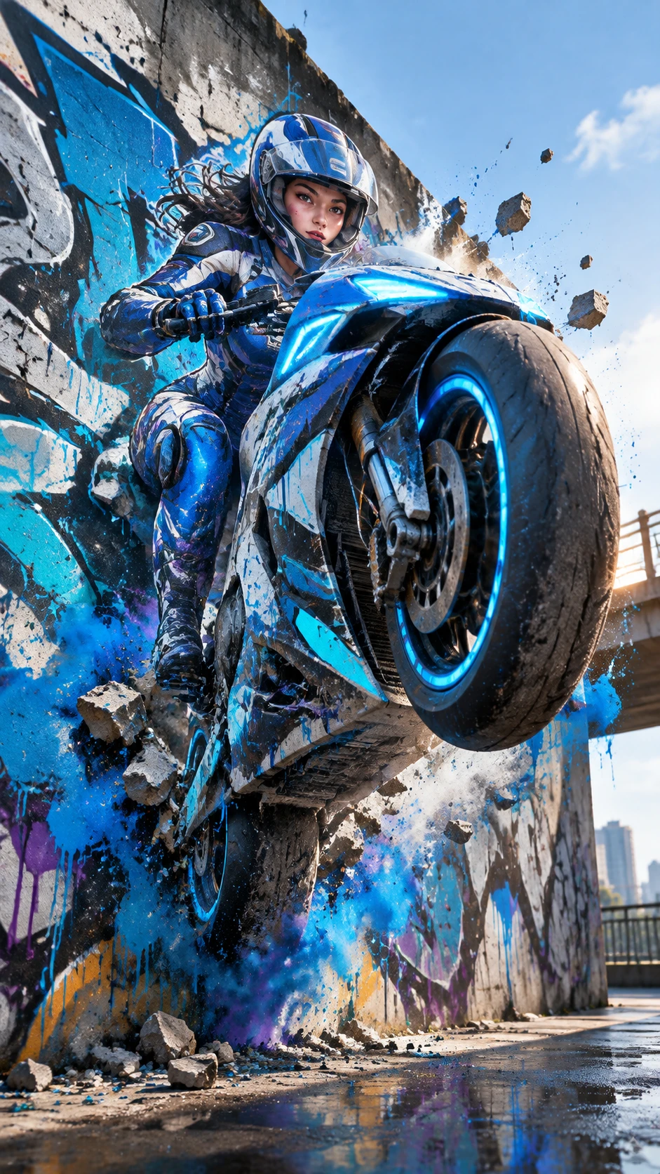 Mulher em grafite em moto futurista explodindo do muro da cidade