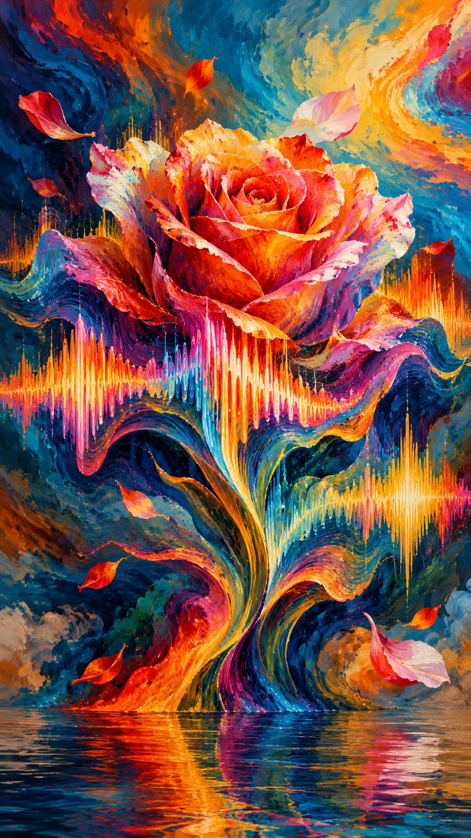 Surreal flower blooming from flowing abstract sound waves